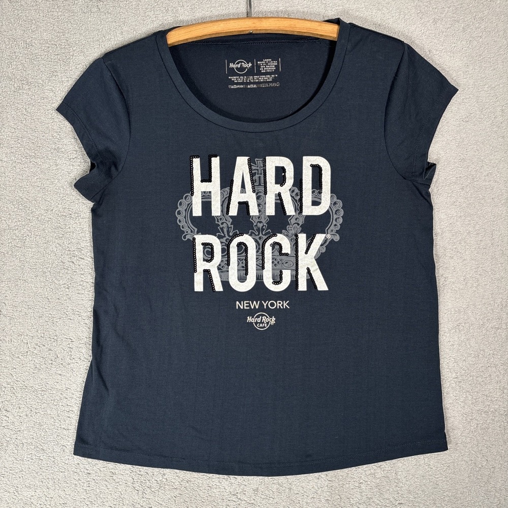 Hard Rock Cafe New York Graphic Tee Navy Blue Sequin Crown T-Shirt Large
